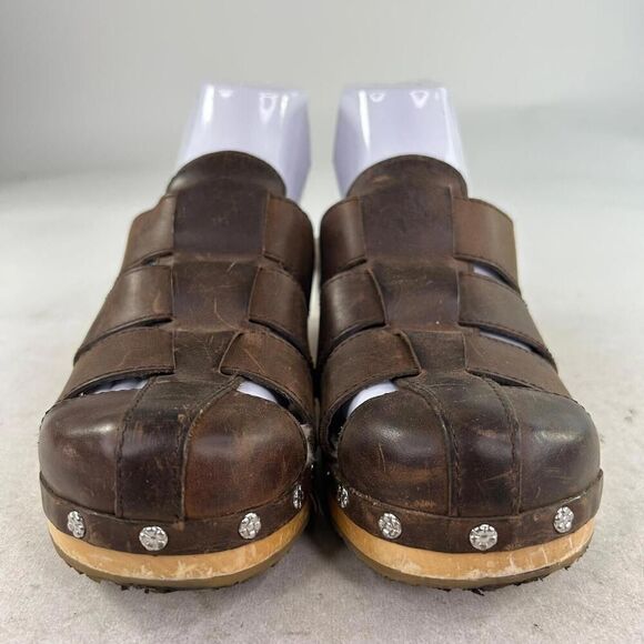 Ugg Australia Ore Fisherman Clogs US 7 Brown Leather Sherpa Lined Wooden Mules - Picture 6 of 11